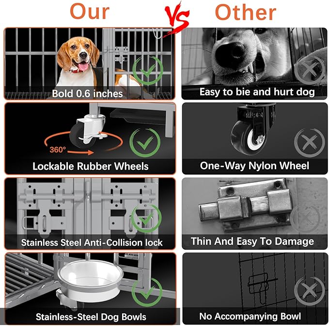 aboxoo 48/42 inch Heavy Duty Metal Dog Crate for 2 Dogs/Large Dog,All Metal Open Top,Dog Kennel Indoor with Wheels,Floor Grid, Tray, Divider and Feeding Bowl (Sliver)-PurrikoPets