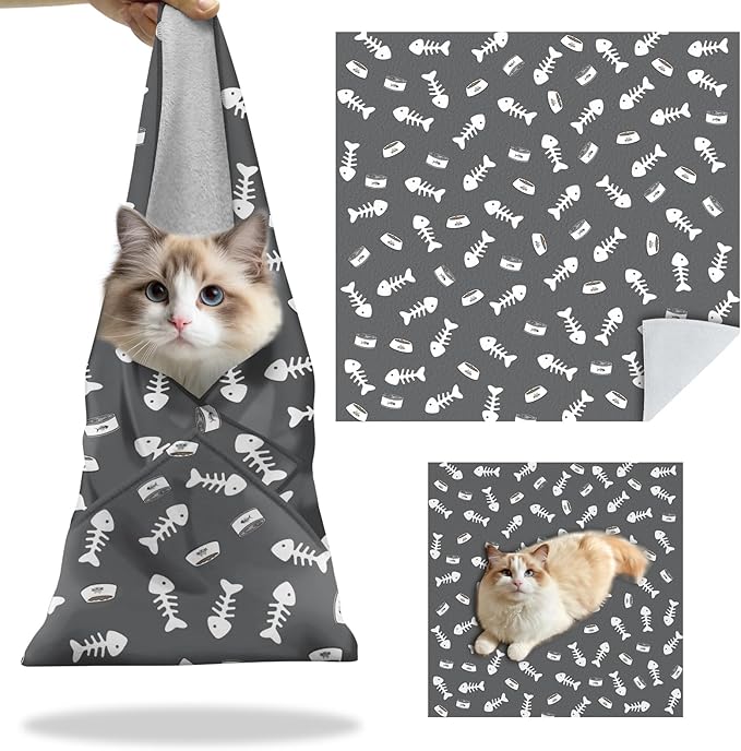 27.6" Cat Grooming Wrap, Self Adhesive Cat Wrap for Cutting Nails, Anti-Escape Calming Cat Swaddle Wrap for Medicine Ear Cleaning, Anti-Scratch Cats Burrito Restraint Blanket, Practical Pet Tool Grey-PurrikoPets