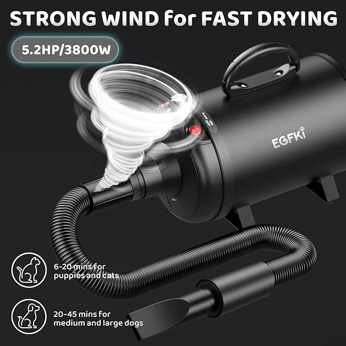 Dog-Hair-Dryer, 5.2HP/ 3800W High Velocity Pet Blow Dryer with Heater for Grooming, Speed Temperature Adjustable Dog Blower Grooming Dryer with 4 Nozzles-PurrikoPets