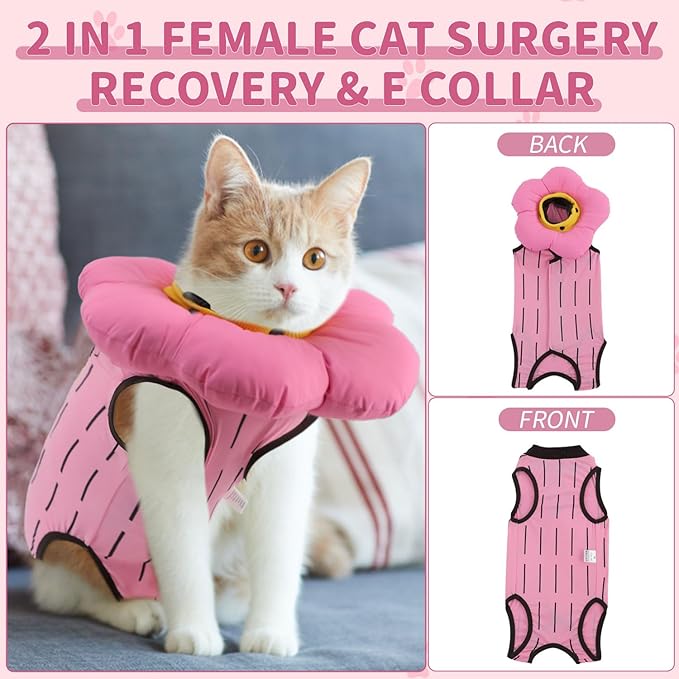 EMUST 2PCS Cat Recovery Suit and Cone Collar - Female, Breathable Cotton, Adjustable Soft E Collar Alternative for Cats 8-16lb (Pink, L)-PurrikoPets