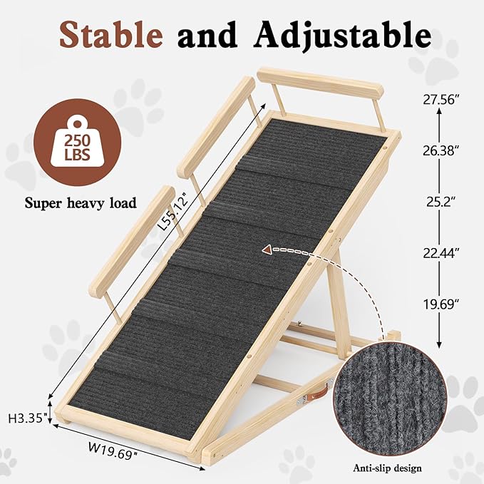 Dog Ramp for High Bed, Couch, Car, Pet Ramps 55.12" Long Adjustable 19.7"-27.6" Wooden Dog Step with High Traction Mat & Safety Side Rails for Small Medium Large Older Pets, up to 250 lbs-PurrikoPets