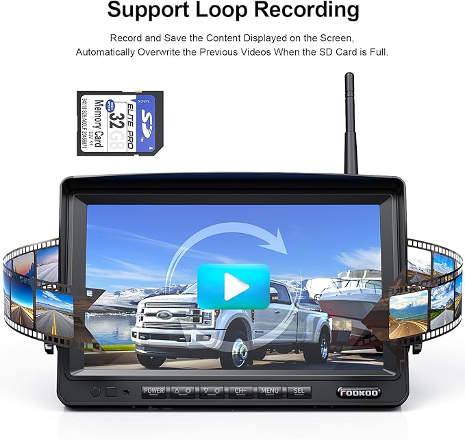 Fookoo 1080P 7" Wireless Backup Camera System, 7" HD Dual/Quad Split Monitor with Recording, IP69 Waterproof Rear View Front View Cameras with Parking Lines, Suits for RV/Truck/Trailer/Van/Bus(DW702)-PurrikoPets