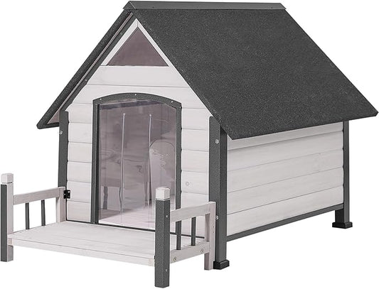 Aivituvin Dog House Outdoor with Metal Frame, Dog Kennel Outside for Small to Medium Breed, 45" Weatherproof Large Dog Shelter with Anti-Chewing Iron Frame, White (45" D x 32.9" W x 32.6" H)-PurrikoPets