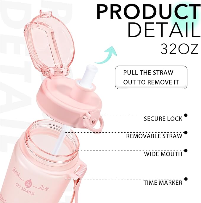 32oz Motivational Water Bottles with Time Marker & Fruit Strainer, Transparent Gradient Color Water Bottle with Times to Drink, Leakproof & BPA Free, Reusable Bottle with Strap (No Straw)-PurrikoPets