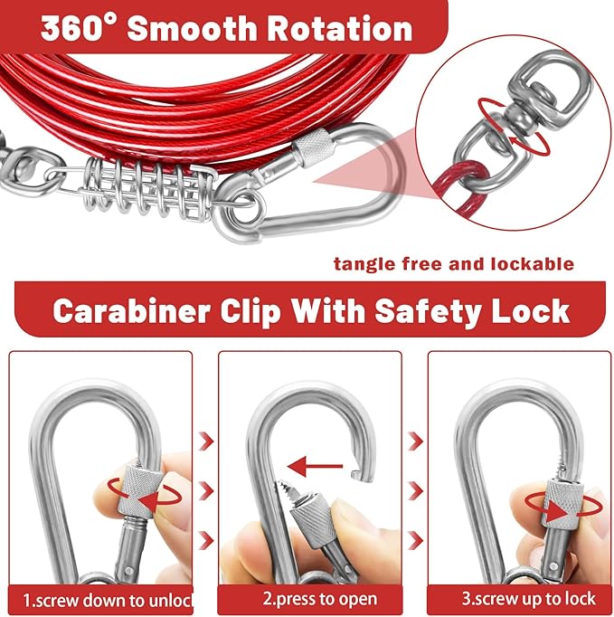 Dog Tie Out Cable - 10/15/20/25/30FT Heavy Duty for Large Dogs Up to 250LBS - Rosy Pink/Blue/Purple/Silver/Red/Green/Yellow-PurrikoPets