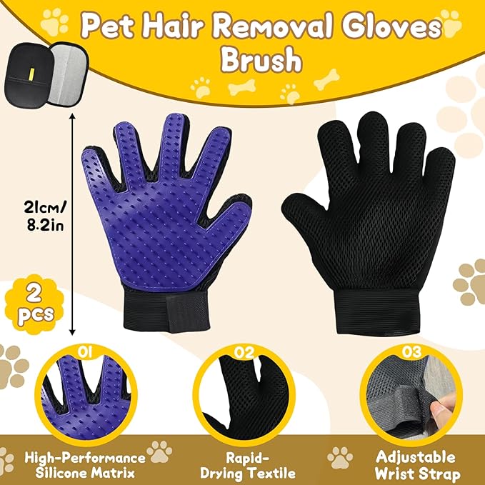 8 Pcs Pet Grooming Gloves for Shedding – 6x Reusable Cat & Dog Hair Removal Gloves+ 1 Pair 2-in-1 Deshedding Brush & Massage Mitt – Safe for Dogs & Cats, Efficient (Blue)-PurrikoPets