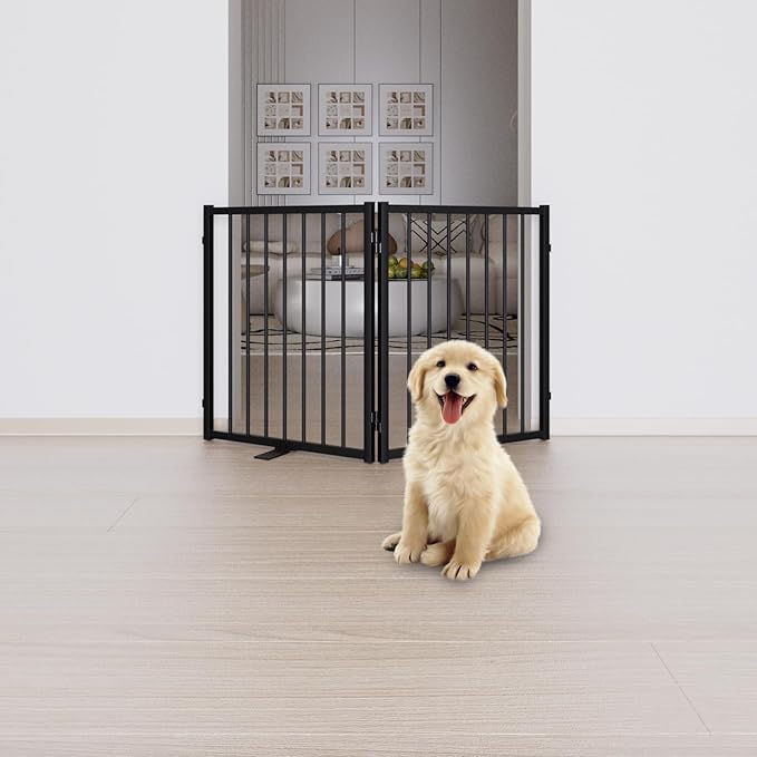 Full Metal Freestanding Dog Gate with Door, 24'' Height Foldable Pet Dog Fence for Indoor & Outdoor, 2 Panels Extra Wide Free Standing SmallDog Gates for Doorways,House,Stairs,Porch,Deck,Yard-PurrikoPets