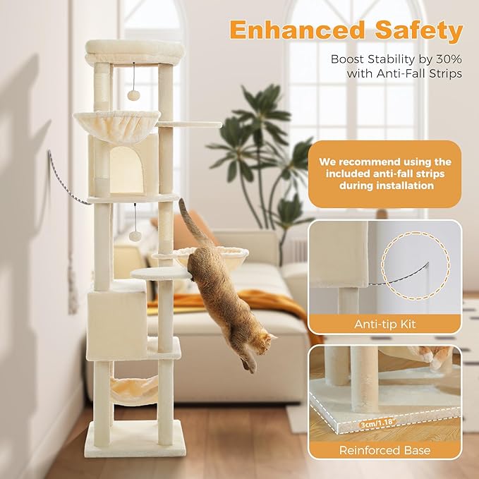 71.2" Tall Cat Tree for Indoor Cats - 9-Level Multi-Cat Tower w/5 Sisal Scratching Posts, 2 Condos, 3 Hammocks, Perch & Pom Poms - Heavy-Duty for Adult Cats, Space-Saving Plush Beige-PurrikoPets