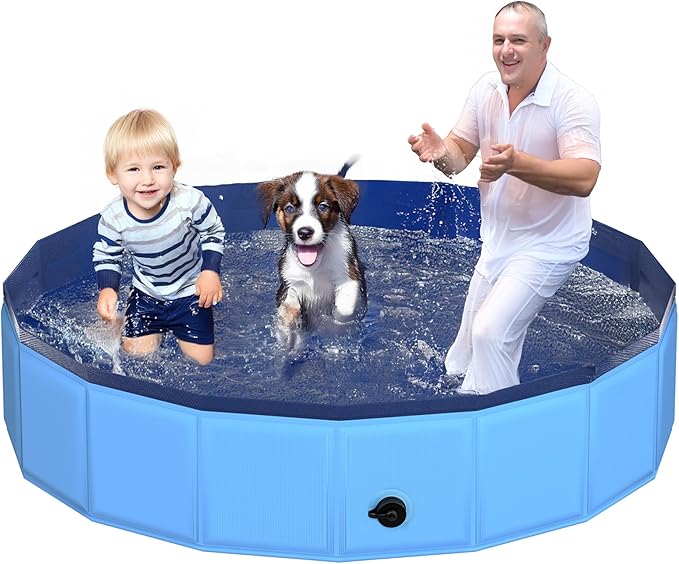 71" x 12" Foldable Dog Pool - Collapsible Hard Plastic Kiddie Pool for Dogs & Kids, Non-Slip Pet Bath Tub for Outdoor Backyard Use, Lightweight & Portable (Blue)-PurrikoPets