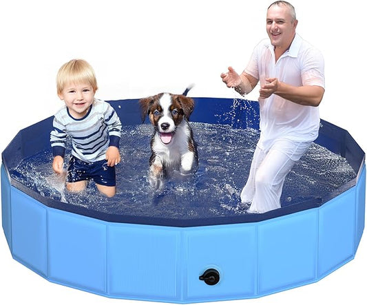 71" x 12" Foldable Dog Pool - Collapsible Hard Plastic Kiddie Pool for Dogs & Kids, Non-Slip Pet Bath Tub for Outdoor Backyard Use, Lightweight & Portable (Blue)-PurrikoPets
