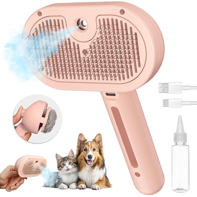 3-in-1 Steam Brush with Release Button and Tank, Anti-Static Pet Brush for Long and Short Hair - Removes Tangles and Loose Hair (Pink)-PurrikoPets