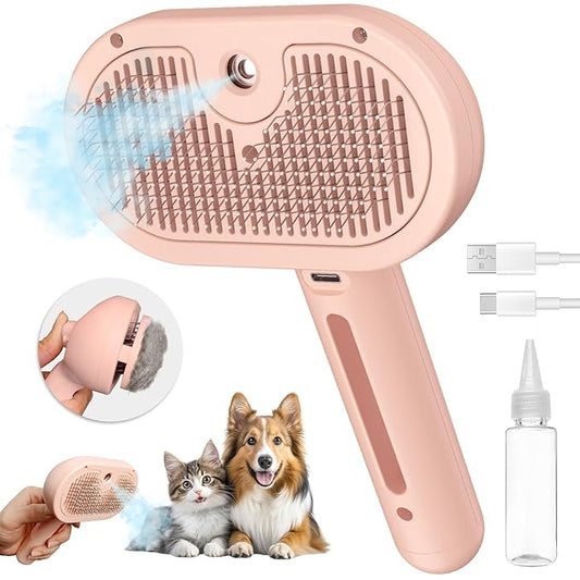 3-in-1 Steam Brush with Release Button and Tank, Anti-Static Pet Brush for Long and Short Hair - Removes Tangles and Loose Hair (Pink)-PurrikoPets