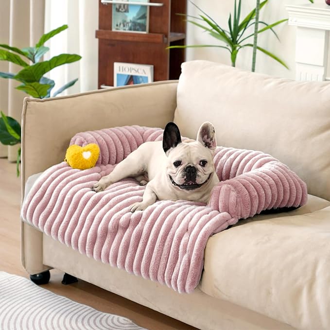 FUNNY FUZZY Pet Couch Cover for Sofa, Calming Dog Bed for Couch, Fluffy Plush Dog Couch Mat for Furniture Protector for Medium Dogs and Cats, 33×28 in, Pink-PurrikoPets