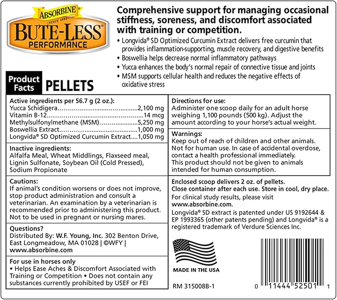 Absorbine Bute-Less Performance Advanced Formula Horse Supplement Pellets, Supports Healthy Inflammatory Response & GI Tract, 3.75lb Tub / 30 Day Supply-PurrikoPets