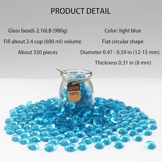 2.16LB Glass Beads Vase Filler Aquarium Gravel Decor Flat Glass Marbles Gems Pebbles Fish Tank Rocks Home Decorative Art Craft - Light Blue-PurrikoPets