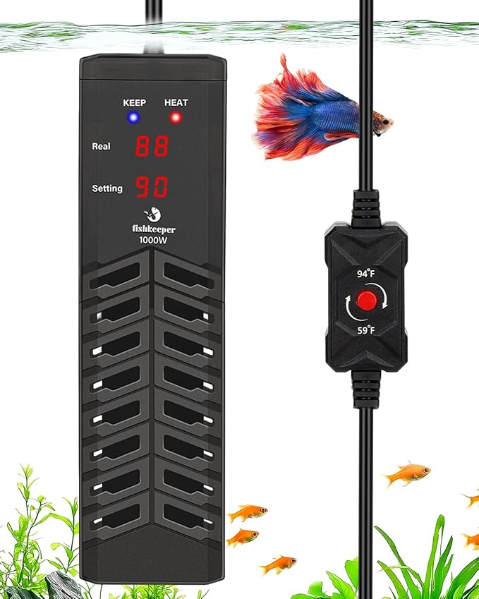 fishkeeper 1000W Submersible Aquarium Heater – Ultra-Safe Digital Fish Tank Heater for 135-280Gal, Leaving Water Auto Power-Off, PID Intelligent Fast Heating, 59°F-93°F Accurate Temperature Control-PurrikoPets