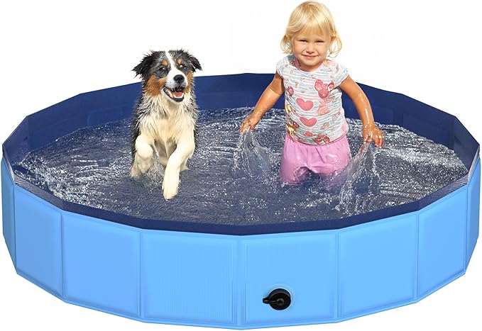 48" x 12" Foldable Dog Pool - Collapsible Hard Plastic Kiddie Pool for Dogs & Kids, Non-Slip Pet Bath Tub for Outdoor Backyard Use, Lightweight & Portable (Blue)-PurrikoPets