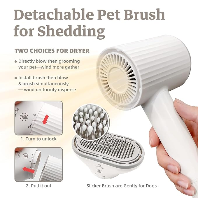 Dog Hair Dryer, Professional 2-in-1 Pet Hair Dryer & Grooming Brush with Removable Comb, Adjustable Temperature/Speed, Portable Dryer for Dogs and Cats-PurrikoPets