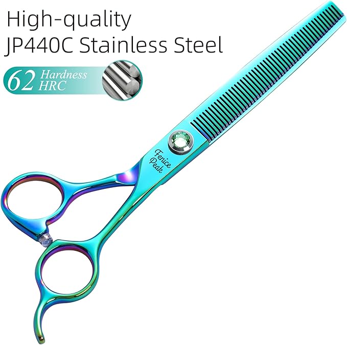 Fenice Peak 7'' Green Thinning Dog Grooming Scissors Pet Shears with Ergonomic Offest Handle and Simulated Emerald Screw 440C Grooming Scissors Trimming Shears Durable and Sharp-PurrikoPets