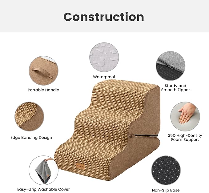 Gardner Pet Dog Stairs for Small Dogs 16.5" H, 2 in 1 Transformable 3-Step Pet Stairs and Dog Ramp for Couch (13-20 in), Brown Adjustable Pet Steps with Non-Slip Waterproof Cover and CertiPUR-US Foam-PurrikoPets