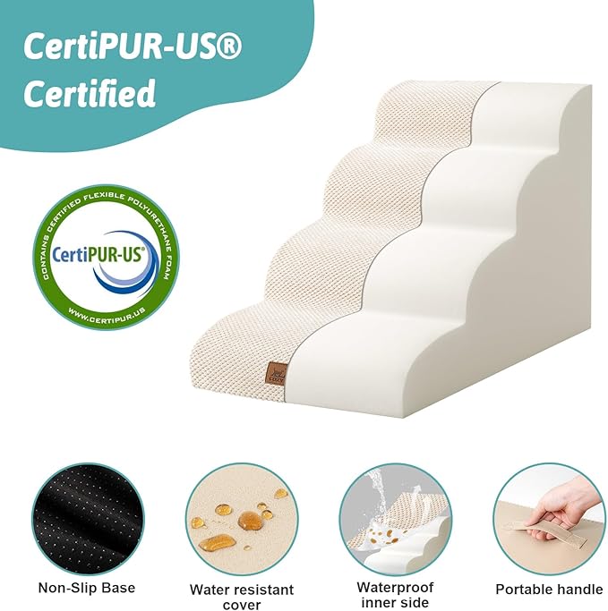 Dog Stairs for Small Dogs 19.7" H, Curved Dog Step for Puppy, Older or Cat, Medium Pet Ramp for Sofa, Couch or Bed, Ladder with High Density Foam, 15.7x28.3x19.7 inch, 4 Step, Beige-PurrikoPets