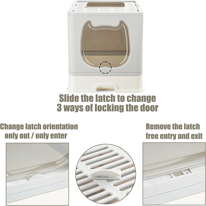 Gefryco Litter Box with Lid for Small to Medium Cats, Enclosed Cat Litter Box with Cover，High Sided Top Entry Cat Box with Brush and Scoop, Cute Kitty Litter Pan with Drawer for Growing Kittens(Grey)-PurrikoPets
