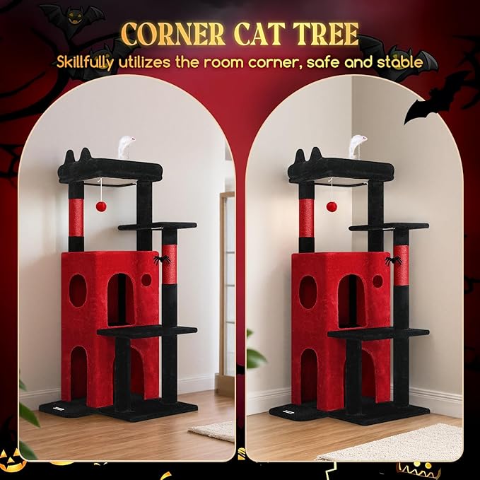 Globlazer Gothic Cat Tree Tower for Indoor Cats, 50-inch Goth Adult Cat Tree House for Large Adult Cats with Steps, Scratching Post, 2 Cat Caves, Dangling Toys, FC50, Blood-Goth-PurrikoPets