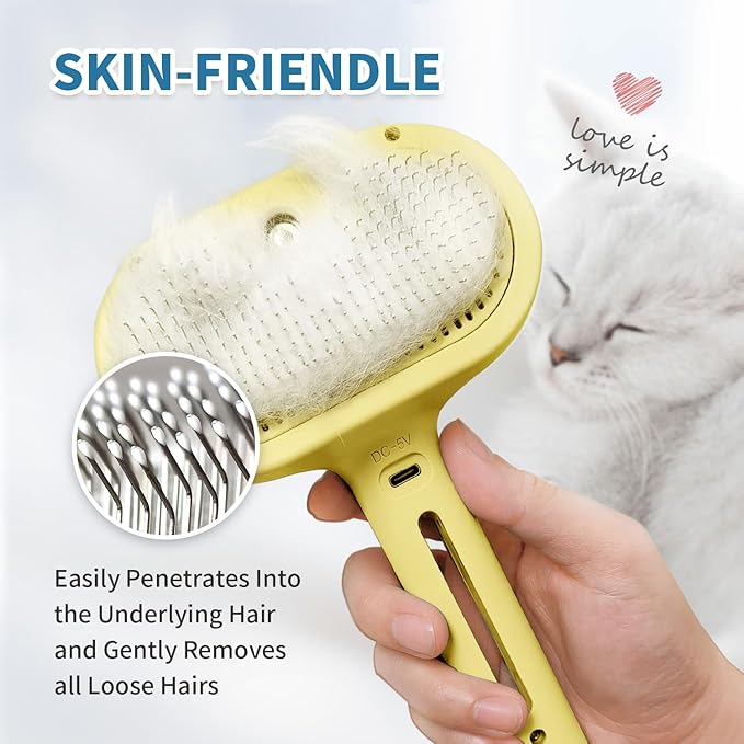 3 In 1 Self-Cleaning Steamy Brush for Pet Grooming - Anti-Static Flying Hair Spray, Removes Loose Hair and Reduces Shedding for Long and Short Fur, Yellow-PurrikoPets