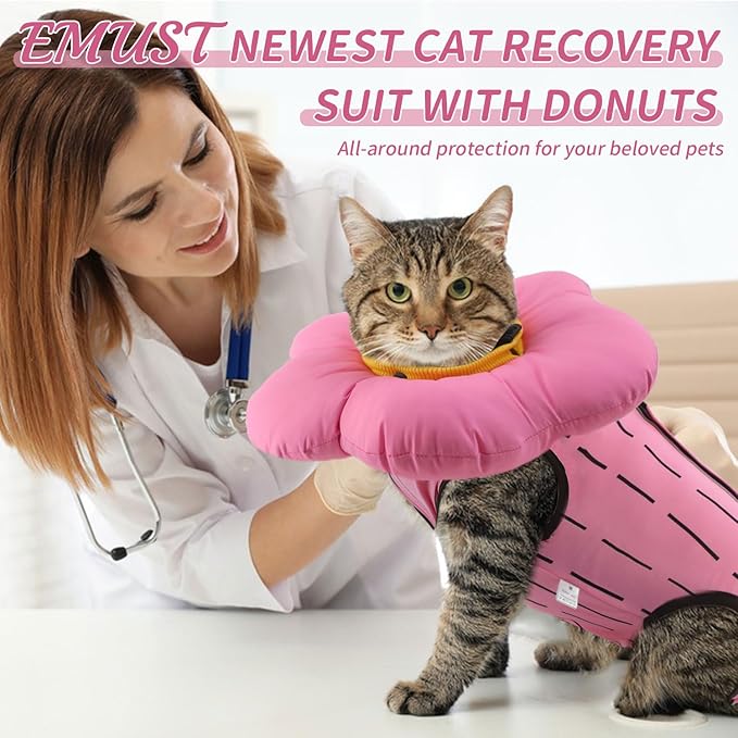 EMUST 2PCS Cat Recovery Suit and Cone Collar - Female, Breathable Cotton, Adjustable Soft E Collar Alternative for Cats 8-16lb (Pink, L)-PurrikoPets