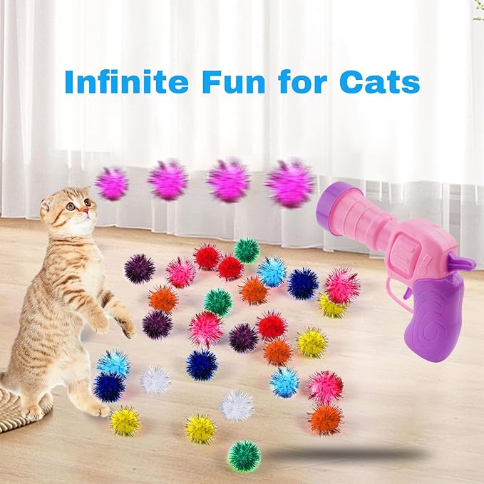 Dorhui Cat Toy Balls with Launchers Set, 30 Pcs Sparkle Pom Ball for Cat,Cat Enrichment Toys,cat Toys for Indoor Cats, Interactive Glitter Pom Ball for Kitty Gifts-PurrikoPets