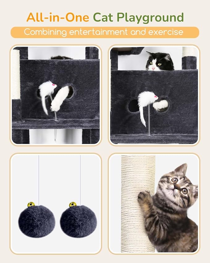 Globlazer Large Cat Tree Tower Condo, 80in Tall Cat Tree for Multiple Indoor Cats Large Adult, XXL Big Cat Climbing Tower with Cat Caves, Sisal Scratching Posts, Top Perches, Hammock, S80B, Dark Gray-PurrikoPets