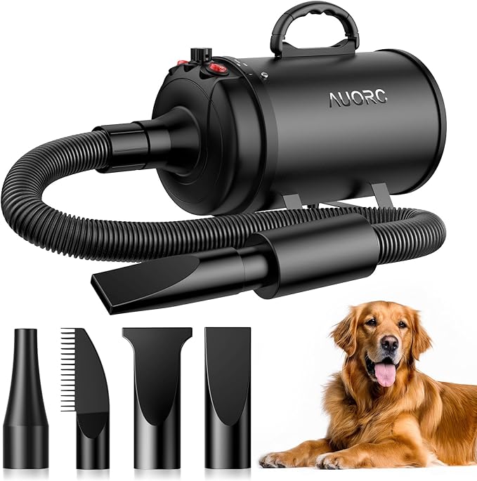 Dog Dryer, 5.2HP/3800W High Velocity Dog Hair Dryer with 4 Nozzles, Stepless Adjustable Speed & Temperature Control, Low Noise Professional Dog Grooming Dryer (Black)-PurrikoPets