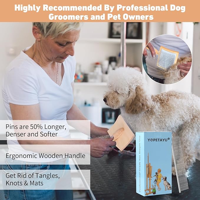 Dog Slicker Brush for Shedding and Grooming Medium or Long Haired Cats, Extra Long & Soft Pin Slicker Brush for Removes Loose Hair, Tangles, Knots, Undercoat, Free Pet Comb, Large, Oak-PurrikoPets