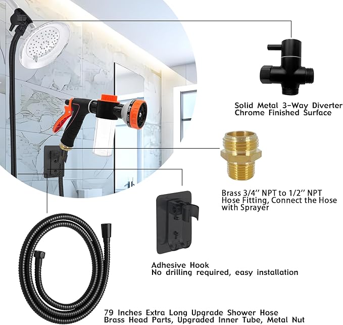 Dog Washing Hose Attachment for Pet Bathing with Black Shower Diverter, Pup Dog Wash Hose Nozzle Shampoo Sprayer for Indoor Outdoor Pet Shower, Dog Shower Attachment with Dog Brush-PurrikoPets