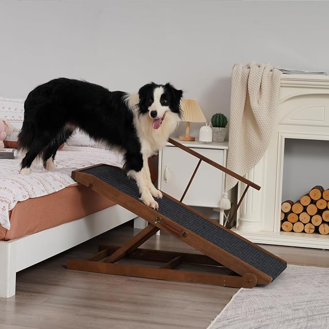 Dog Ramp for Bed Couch - Pet Steps Stairs to Get on Bed Couch 15.7"-23.6" High for Small or Large Dog Up to 200 lbs, Adjustable Wooden Dog Ramp Steps Foldable Portable, Anti-Slip Carpet (Brown)-PurrikoPets