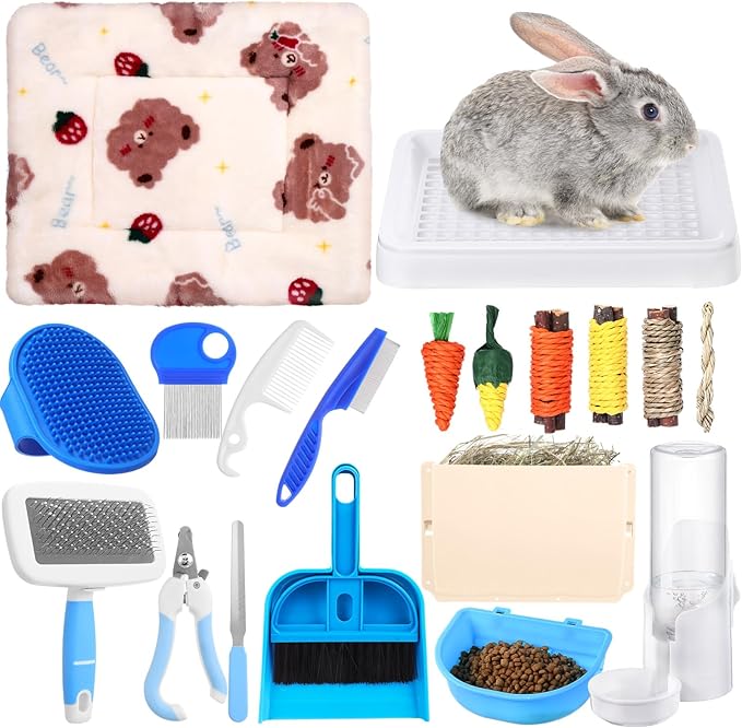 19 Pcs Rabbit Starter Kit Small Bunny Litter Box Animal Grooming Kit Water Bottle Bunny Toys Hay Feeder Bowl Blankets with Cleaning Set for Guinea Pig Rabbit Accessories (White)-PurrikoPets