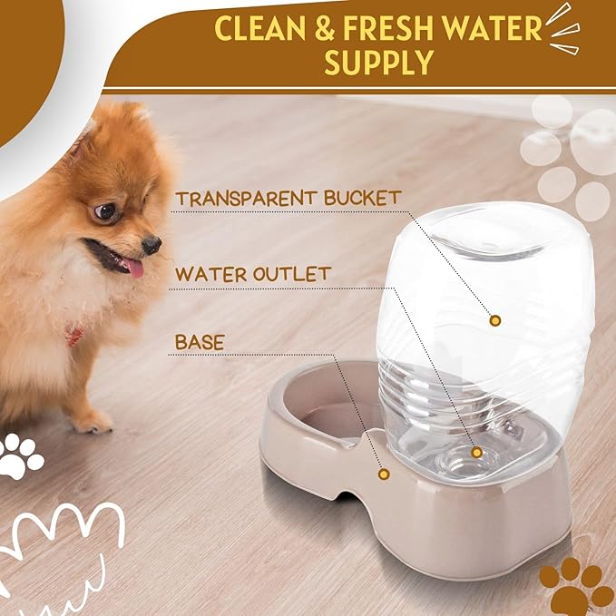 Flexzion Automatic Gravity Pet Waterer for Cat & Dog - Non-Skid & Easy-Clean Auto Replenish Water Dispenser Drinking Bowl (1/4 Gallon/ 900ml), Beige-PurrikoPets