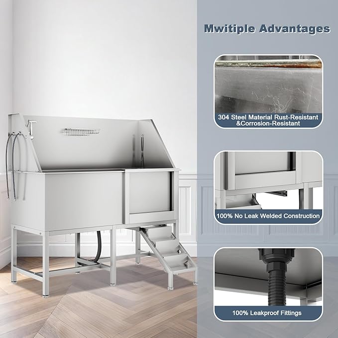 50" Pet Dog Bathing Station, Stainless Steel Dog Bathtub W/Ramp, Floor Grate, Dog Bath Brush, Washing Gloves for Home, Professional Dog Washing Station for Pets (50 Inch Right Door)-PurrikoPets