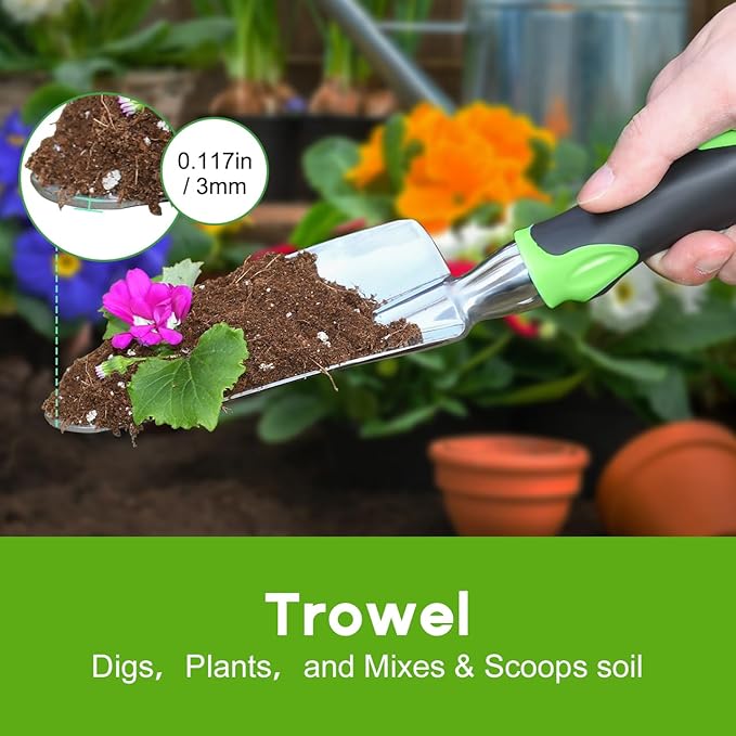 Garden Tool Set, 3 Pack Aluminum Heavy Duty Gardening Kit Includes Hand Trowel, Transplant Trowel and Cultivator Hand Rake with Soft Rubberized Non-Slip Ergonomic Handle, Garden Gifts-PurrikoPets