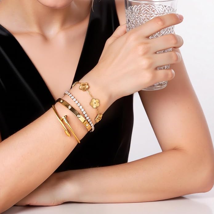 18K Gold Plated Nail Love Bangle Bracelet Set for Women Stackable Floral Clover Adjustable Tennis Bracelet Non Tarnish Gift Jewelry for Christmas Valentines Birthday Mother's Day