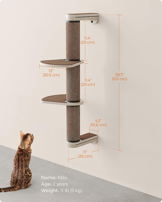 Feandrea Clickat Collection - No.006 Cat Tree Scratching Post, 39.7-Inch Tall Thicker Wall Mounted Cat Scratcher Posts, 2 Cats Perch Platform, Easy Assembly, Suit for Multi Cats Climb Play Nap Scratch-PurrikoPets