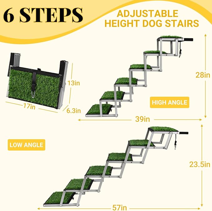 Dog Stairs for Car, Portable Folding Dog Ramps,Dog Steps for Large Dogs with Non-Slip Grass Rug for Cars, SUV, Trucks, Lightweight Pet Ramp Supports Up to 200 lb, 6 Steps-PurrikoPets