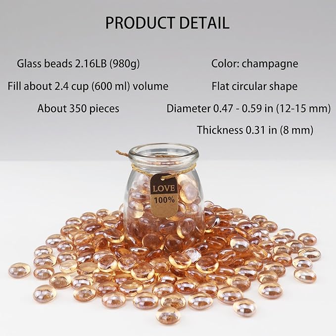 2.16LB Glass Beads Vase Filler Aquarium Gravel Decor Flat Glass Marbles Gems Pebbles Fish Tank Rocks Home Decorative Art Craft - Champagne-PurrikoPets
