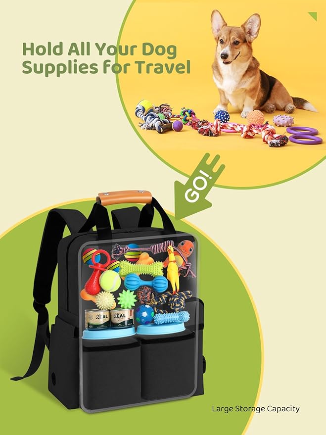 Dog Travel Bag, 25L Airline Approved Dog Travel Backpack for Pet Travel Accessories with 2 Food Storage Containers, 2 Foldable Bowls for Short Trips, Black-PurrikoPets