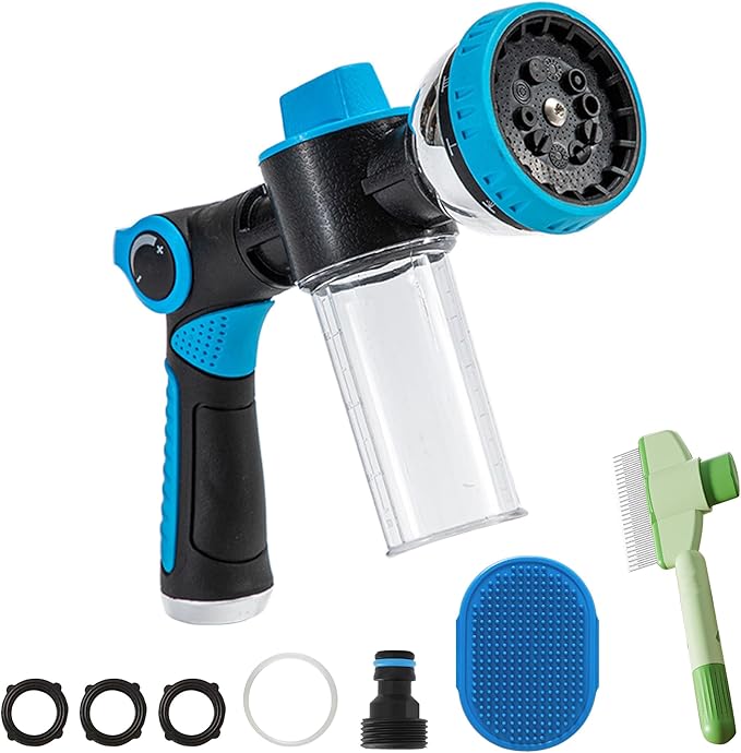 Dog Washing Hose Attachment, 10-in-1 Soap Sprayer Moden Garden Hose Nozzle with 100cc Soap Dispenser, Dog Wash Supplies with Dog Bath Brush & Pet Comb, Foam Gun Car Wash Sprayer (Blue)-PurrikoPets