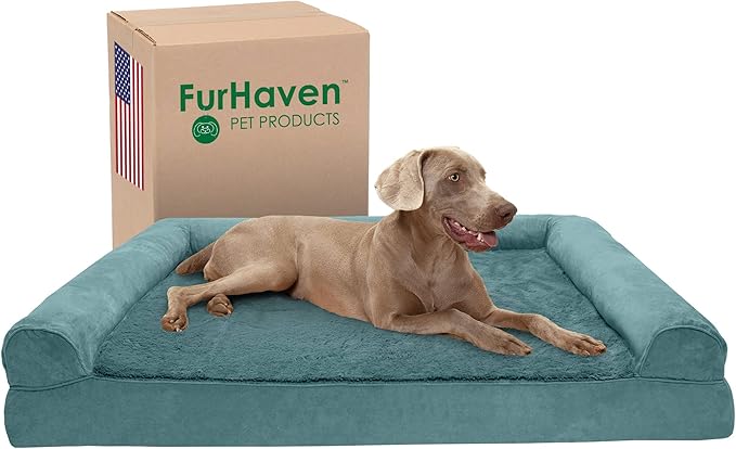 Furhaven Cooling Gel Dog Bed for Large Dogs w/ Removable Bolsters & Washable Cover, For Dogs Up to 125 lbs - Plush & Suede Sofa - Deep Pool, Jumbo Plus/XXL-PurrikoPets
