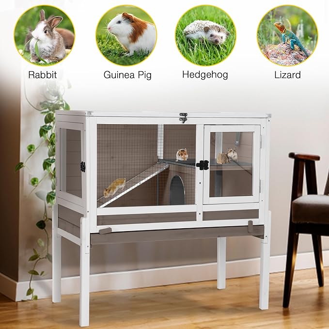 Aivituvin Wooden Guinea Pig Cages Indoor with Removable Stand, Anti Chewing Rabbit Hutch with Ramp and Wire Mesh, 2 Story Small Animals House Habitat with Pull Out Tray (Brown)-PurrikoPets