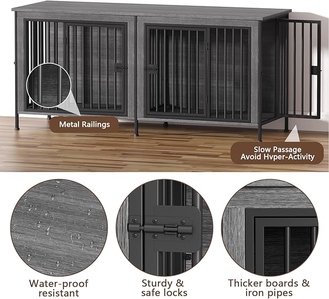 EasyCom 78 Inch Dog Cage Furniture for 2 Pets with Divider, XXL Wooden Double Dog Crate Furniture TV Stand for Mideum and Large Breed, Durable and Sturdy-PurrikoPets
