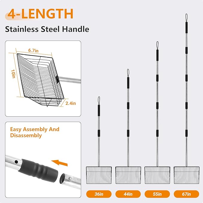 10inch Large Chicken Poop Scooper,36 to 67" Adjustable Long Chicken Coop Litter Metal Scoop with Stainless Steel Handle,5-in-1 Detachable Poop Shovel for Sand,Pet,Chicken,Cat Cleaning Tools.-PurrikoPets