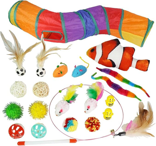 21-Piece Cat Toys Set, Interactive Tunnel, Balls, Mice, Feather Wands, Catnip Toys(Rainbow Cat Tunnel)-PurrikoPets